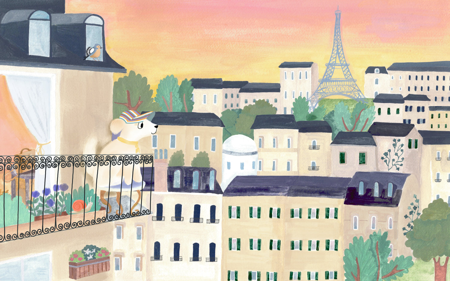 A whimsical watercolor-style illustration of a Parisian cityscape at sunset, with beige buildings, dark roofs, green trees, and the Eiffel Tower in the distance under a pink-orange sky.