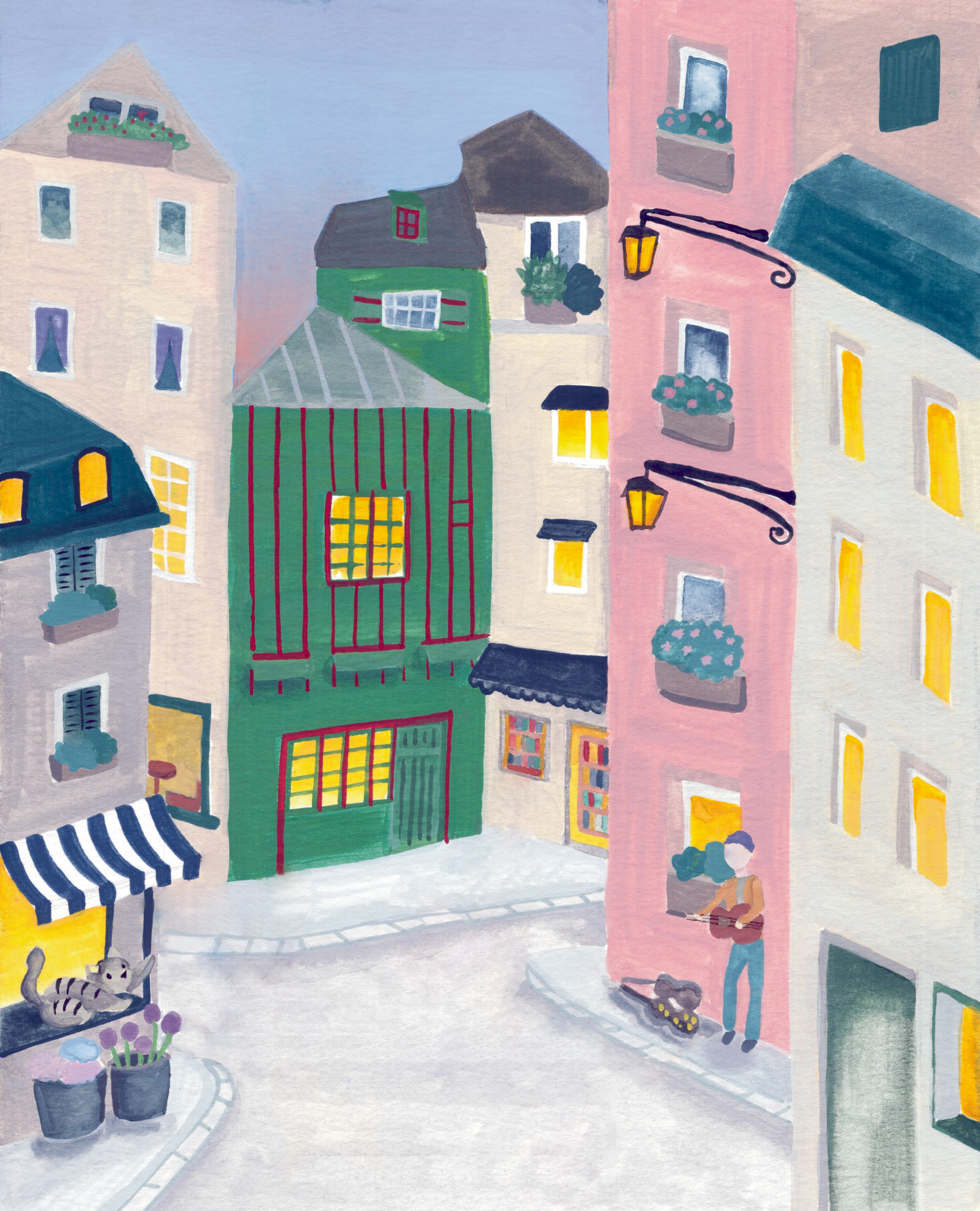 whimsical painting in the cozy corridor of the Latin Quarter in Paris France 